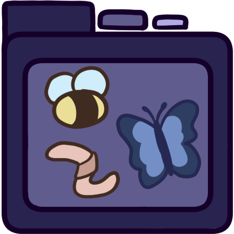 a purple file folder with a bee, a blue butterfly, and an earthworm on it.